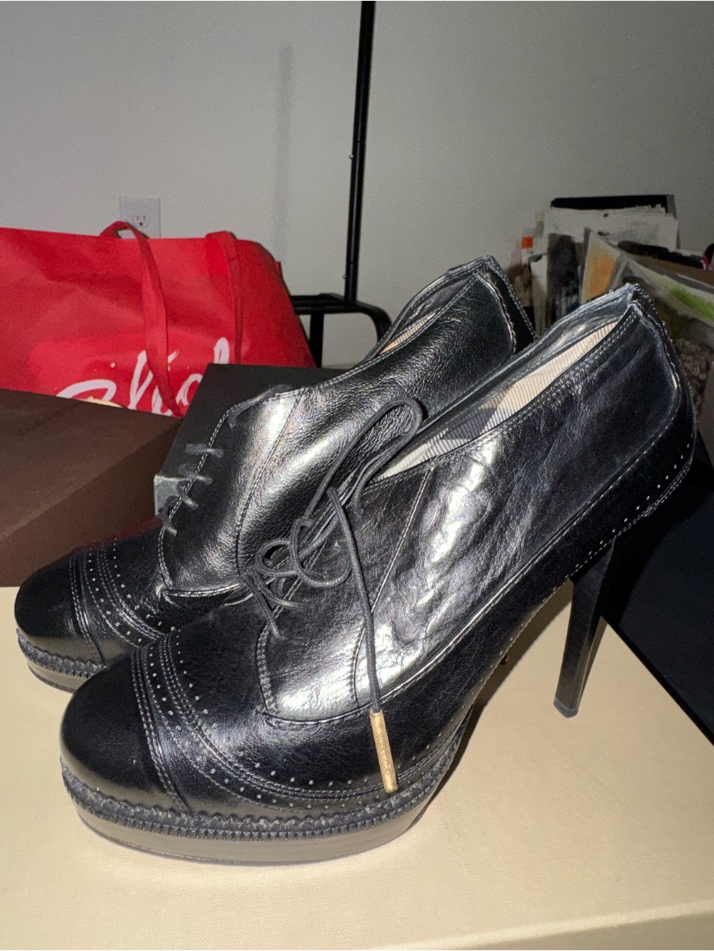 Burberry Black Leather Brogue Lace-Up Stiletto Heels - Picture 8 of 9